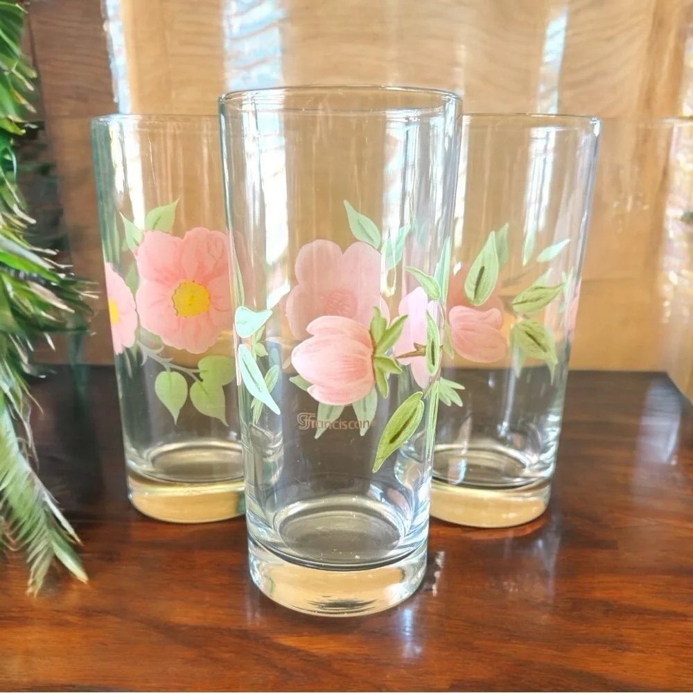 VINTAGE Franciscan Pink Flower Highball Glasses - Set of 3